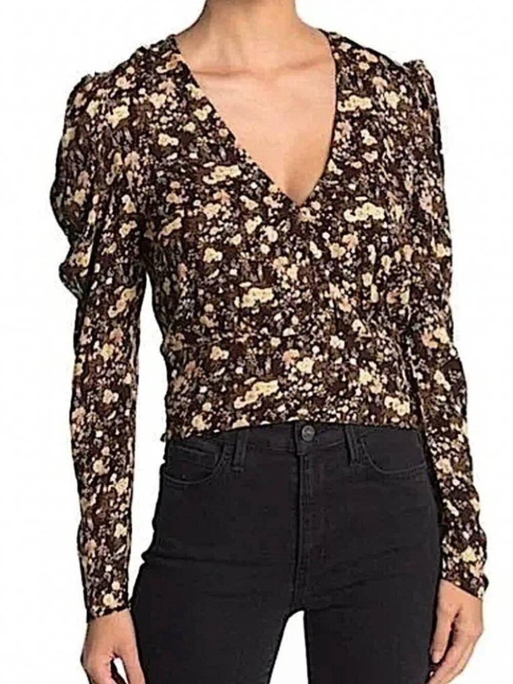 AFRM Dark Floral Puff Sleeve Smocked Waist Cropped Boho Faux Wrap Top
